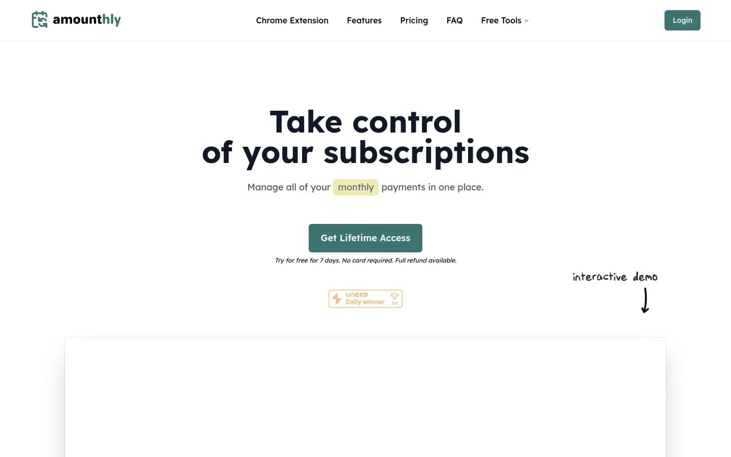 Landing page screenshot of amounthly.com