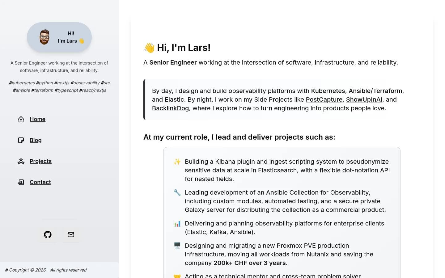 Landing page screenshot of hilars.dev