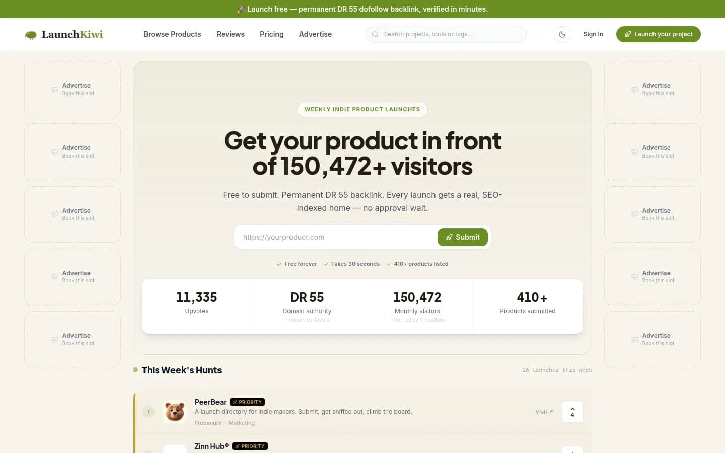 Landing page screenshot of launchkiwi.com