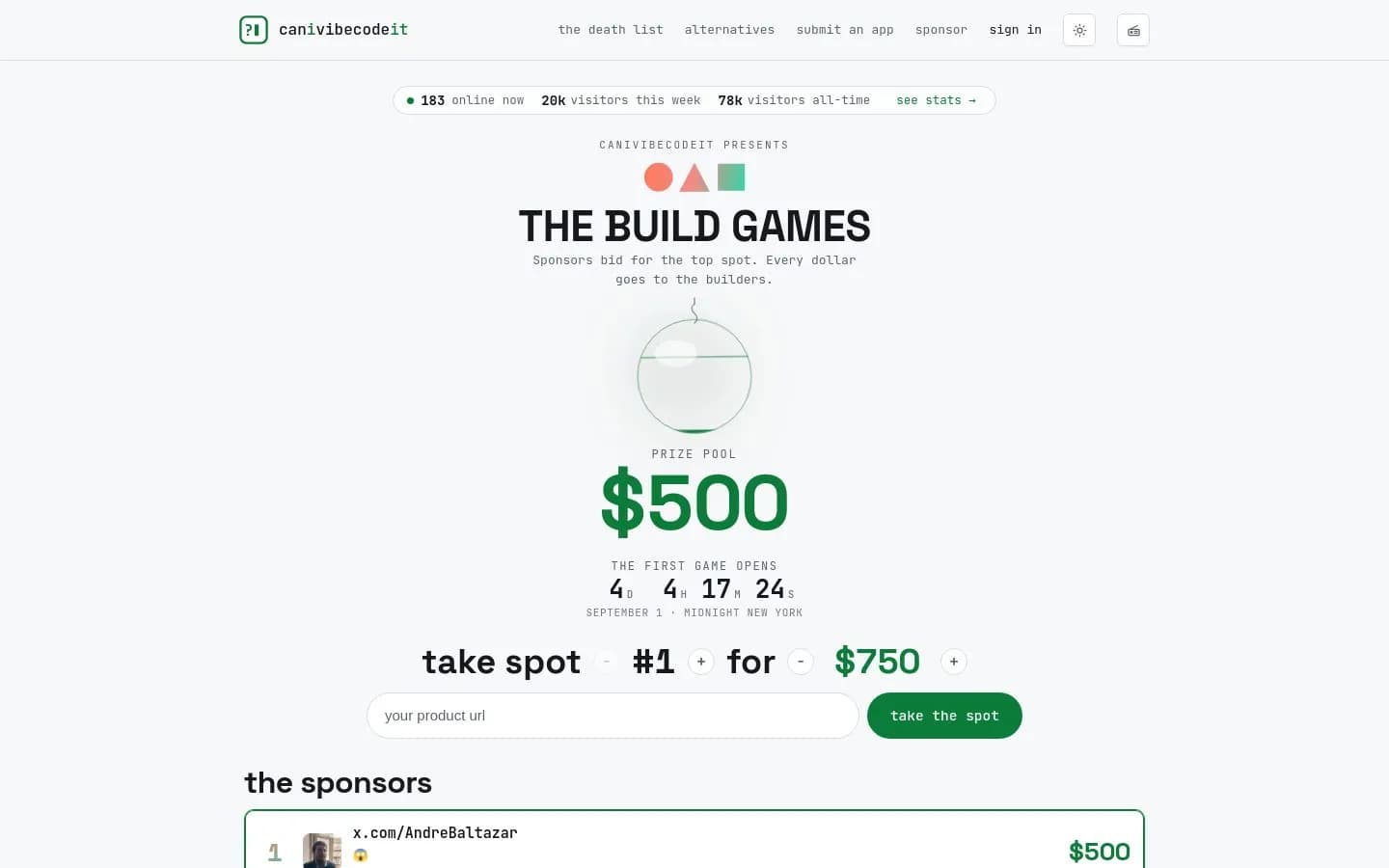 Landing page screenshot of thebuildgames.com