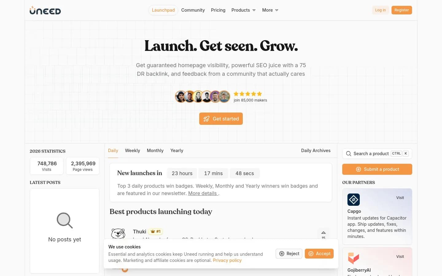 Landing page screenshot of uneed.best