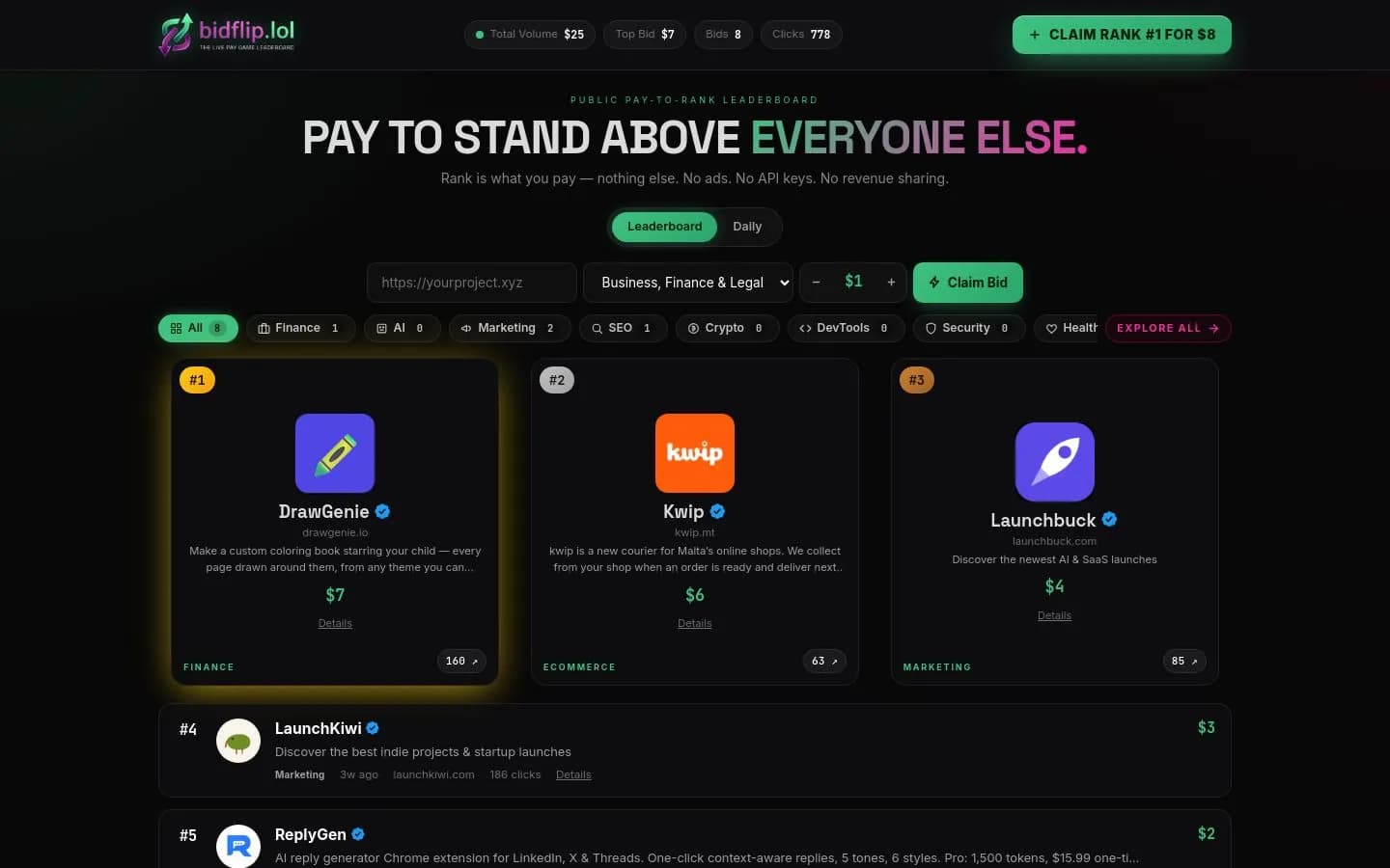Landing page screenshot of bidflip.lol