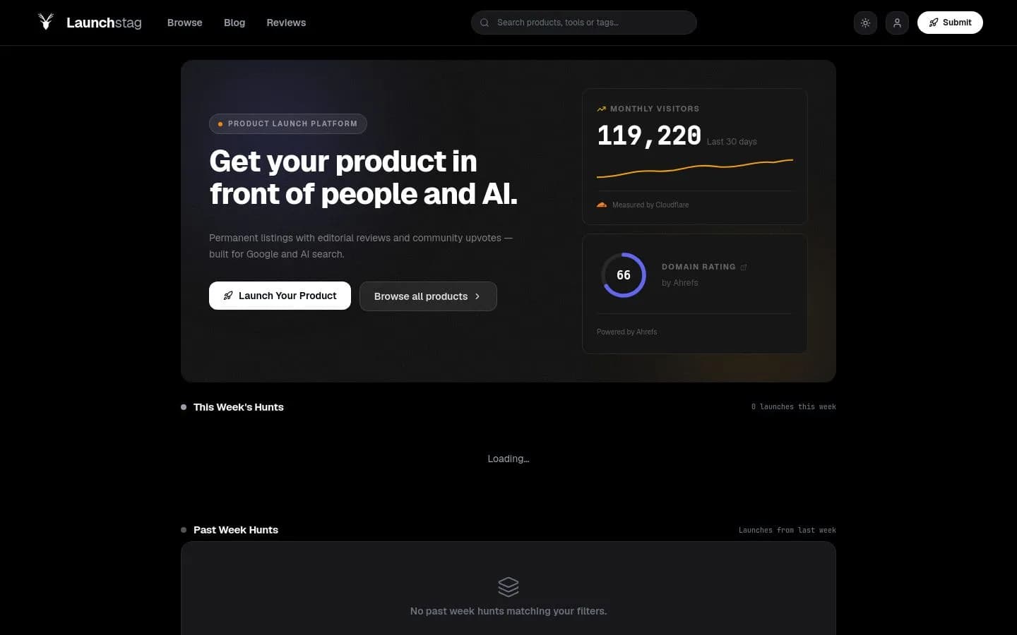 Landing page screenshot of launchstag.com