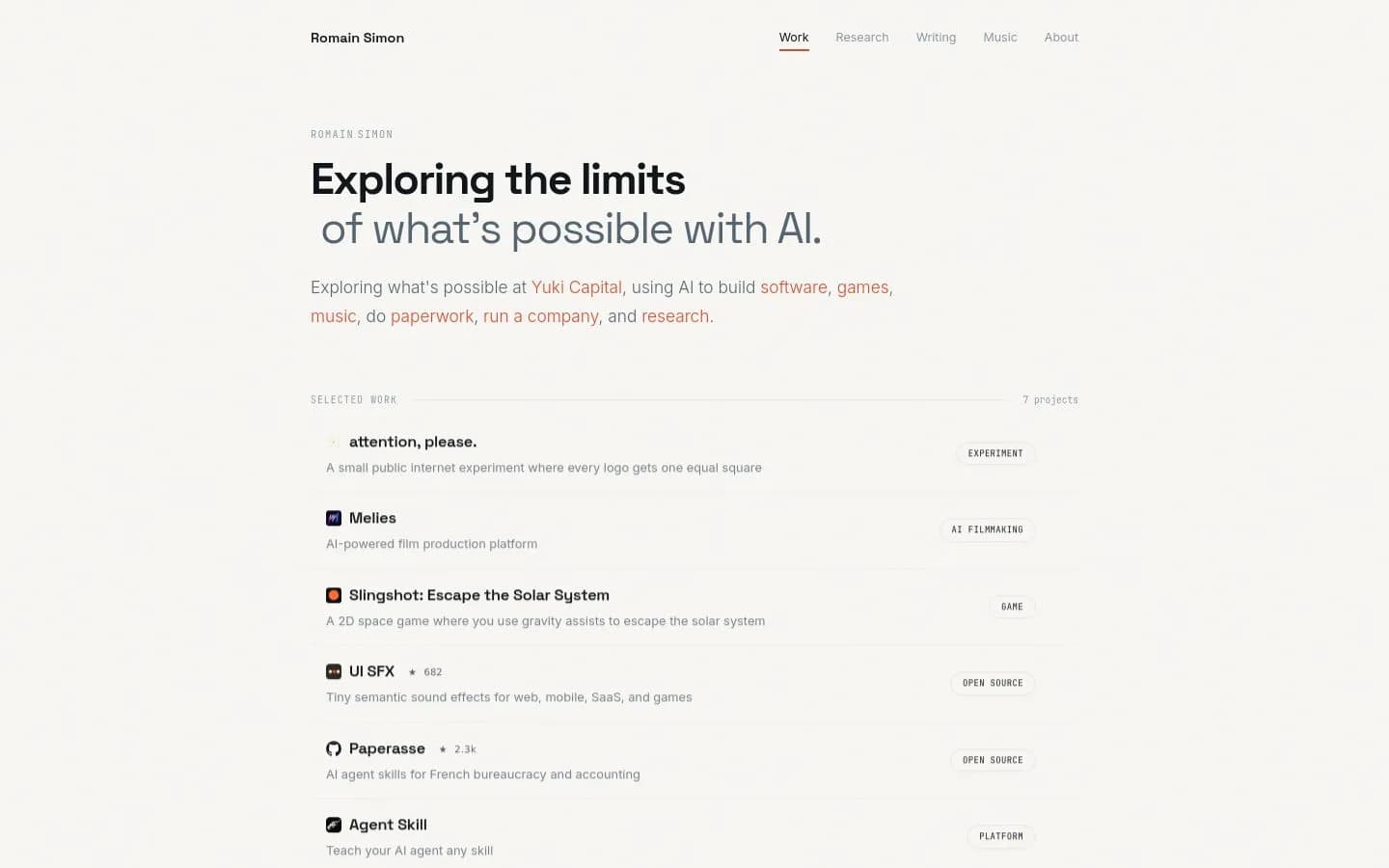 Landing page screenshot of romainsimon.com